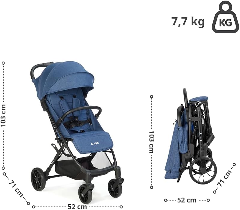 Hit Silla de Paseo Ligera hasta 22 kg, Plegado Compacto con Una Mano, Asa de Transporte, Respaldo Reclinado, Capota Extensible, Azul