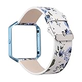 YOSWAN Replacement Band for Fitbit Blaze, Watchband Floral Soft Leather Strap Replacement Watch Band Wristband Bracelet Strap and Frame for Fitbit Blaze (White Blue+ Blue Frame)