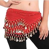 VISKEY Belly Dance Hip Skirt Scarf Wrap Belt Costume with Rows Gold Coins (red)