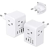 2 Pack European Travel Plug Adapter, Type C Plug Adapter Travel Essentials | International Power Adapter with 3 Outlets 4 USB Ports(2 USB C), US to Most Europe EU Spain Italy France Germany Plug Adapter