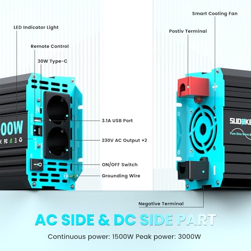 SUDOKEJI Pure Sine Power Inverter 1500W/3000W, Voltage Transformer 12V to 230V, Power Inverter with LCD Display, Remote Control, Type-C and USB Ports, 2 EU AC Outlets