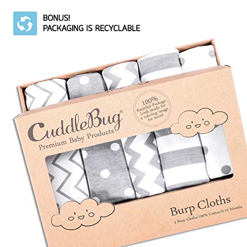 CuddleBug Baby Burp Cloths, Grey & White (Spots & Stripes) - Pack of 5 - Extra Absorbent 100% Organic Cotton Burp Cloths