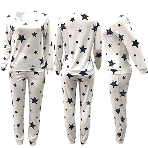 Mojessy Women's Pajamas Loungewear Set Star Print Long Sleeve Shirt + Pants Sleepwear Medium White - Thumbnail 3