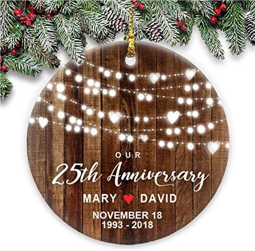 Our 25th Anniversary Christmas Ornament Rustic Couples Round Ceramic Personalised Names Dates Years Couple