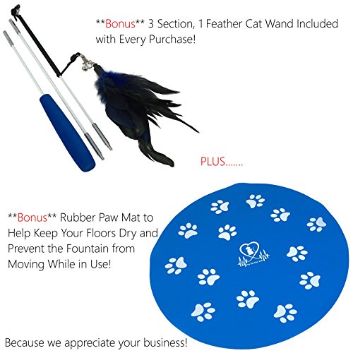 Pet Fit For Life Water Fountain Dispenser Plus Bonus Cat Wand and Mat - 2 Liter Super Quiet Automatic Water Bowl with Charcoal Filter for Dogs, Cats, Birds and Small Animals