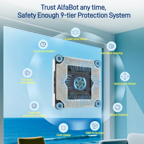 AlfaBot GLS480 Window Cleaner Robot Window Cleaning Robot, 5000 Pa Suction Power, Automatic Window Cleaner with 4 Spray Nozzles, 5 Cleaning Modes, 100ml Tank