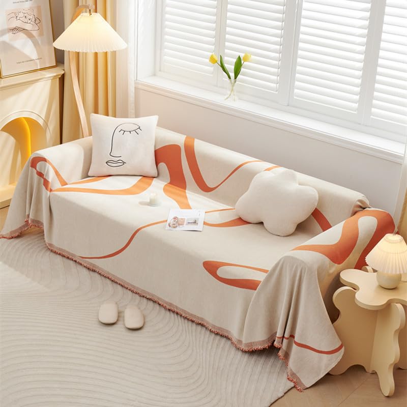 VanderHOME Chenille Sofa Throw Sofa Cover Home Decor Four Seasons Universal Woven Tassel Throws Abstract Geometric Line Multifunctional Soft Comfortable Sofa Blanket 180 * 180cm Orange