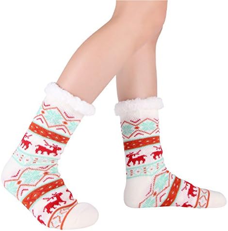 Slipper Socks, Women Fleece Socks Wool Non Slip Socks Sherpa Thick Christmas Socks with grippers Warm Winter Women Girls Mid Calf High Sleep Socks, (White), One Size