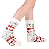 Slipper Socks, Women Fleece Socks Wool Non Slip Socks Sherpa Thick Christmas Socks with grippers Warm Winter Women Girls Mid Calf High Sleep Socks (White)