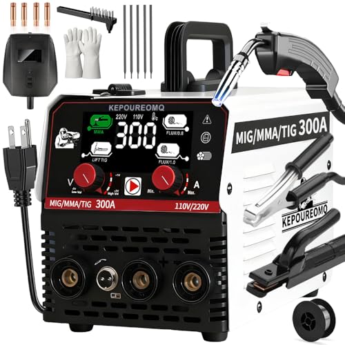KEPOUREOMQ Soldadora Inversora Portátil de 300A, 3 en 1 Soldadora Inverter de MIG/MMA/TIG, Máquina de Soldar sin Gas, con Voltage Dual 110/220V, 60% Ciclo de Trabajo, Inversor IGBT, LED Pantalla, IP21