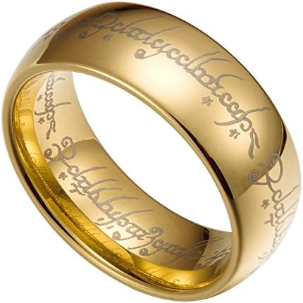Olsine 6mm Gold Plated 18k Elvish Script Lord Of The Rings Style High Polish Tungsten Carbide Unisex Laser-etched Wedding Ring Band- Size 7-12 (10)