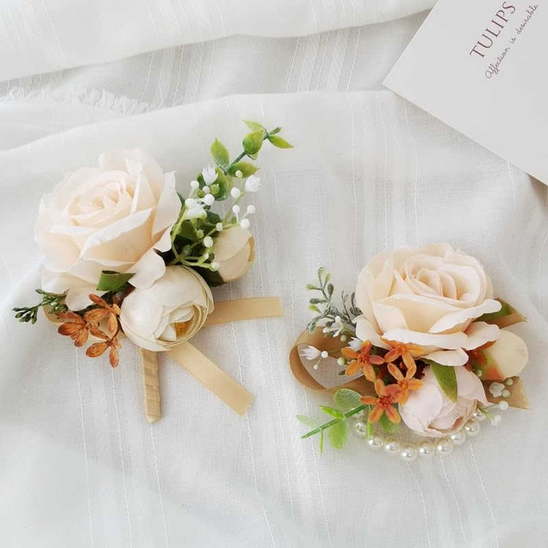 Photo 1 of Xinhewong Champagne Color Rose Wrist Corsage and Boutonniere Set Artificial Corsage Wristlet Bracelet for Wedding Decorations Prom Ceremony Accessories (A-1 Boutonniere & 1 Wrist Corsage)