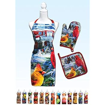 Springbok Cardinal Holiday Retreat Adjustable Kitchen Apron, Oven Mitt and Pot Holder Set