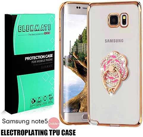 [Ring Buckles + Electroplate Frame TPU] Samsung Galaxy Note 5 Clear Case, ELEKMATE Ultra Thin Slim Protective Back Cover Case for Galaxy Note 5 [CZ Diamond] (Gold+Pink Flower)