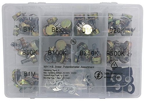 45 pcs Potentiometer Assortment 9 values 1K 5K 10K 20K 50K 100K 250K 500K 1M horizontal straight legs terminal B = linear