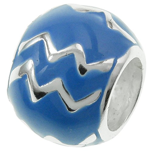 .925 Sterling Silver Round Zodiac Horoscope Aquarius Sign Symbol Birth Blue Enamel Bead For European Charm Bracelets