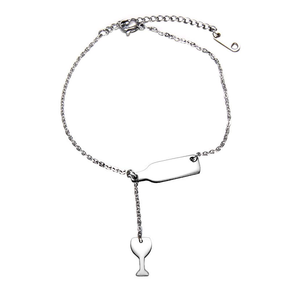 PAURO Women's Stainless Steel Wine Bottle Beer Glass Simple Charm Bracelet Silver