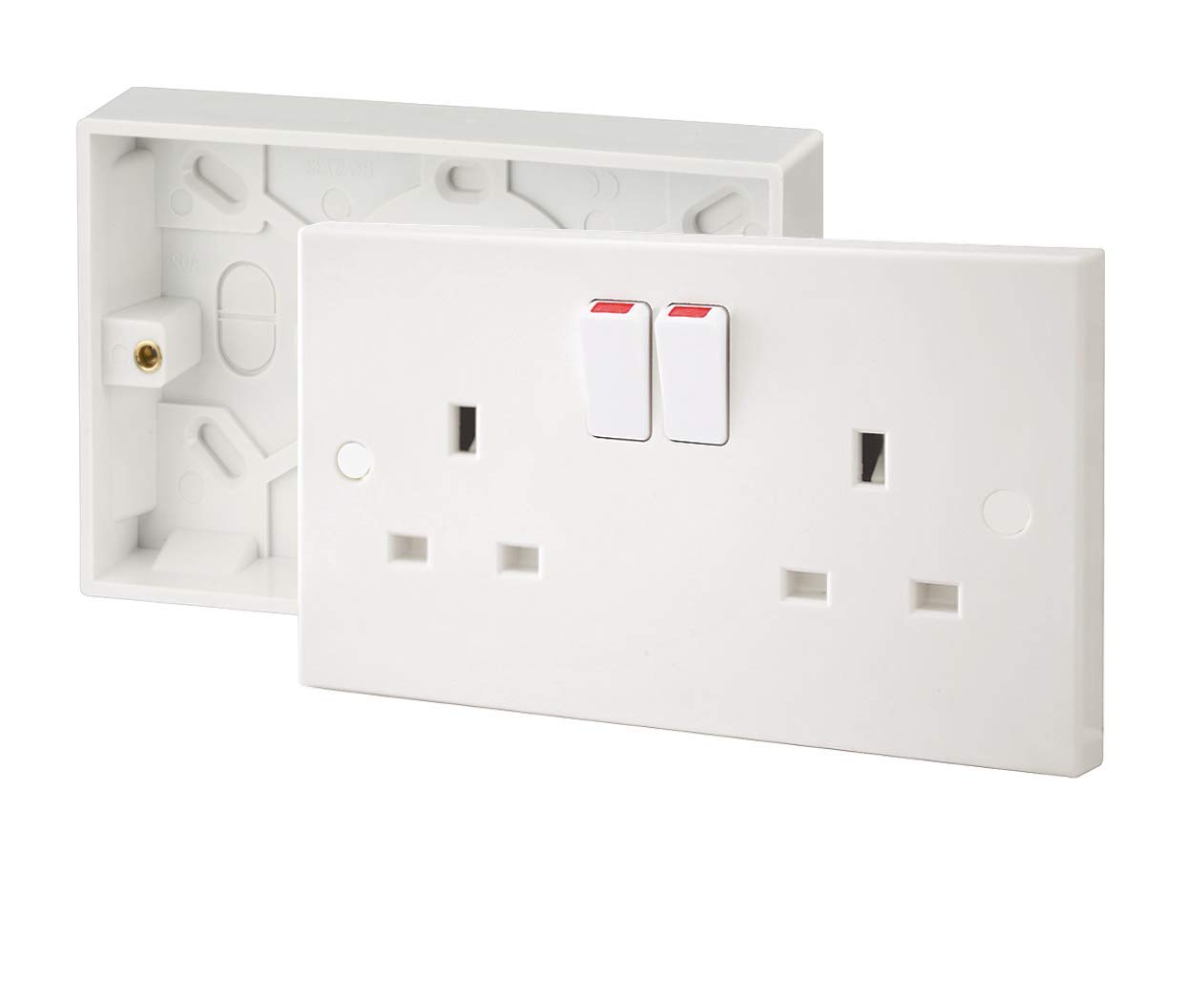 SHP Electrical® 13A Double White Switched Socket & Premium Double Surface Mount 25mm Pattress Box 2 Gang Set Electrical Outlets - Screw Caps Included