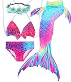 Camlinbo 3PCS Girls' Swimsuit Mermaid Tail For Swimming Tropical Bikini Set Support Monofin,A-aurora,Child XX-Large/10-12/Tag 150