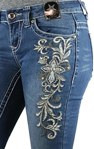 RS Ranch Junior's Cross Embroidered Boot Cut Blue Denim Jean Rhinestone Embellished (29)
