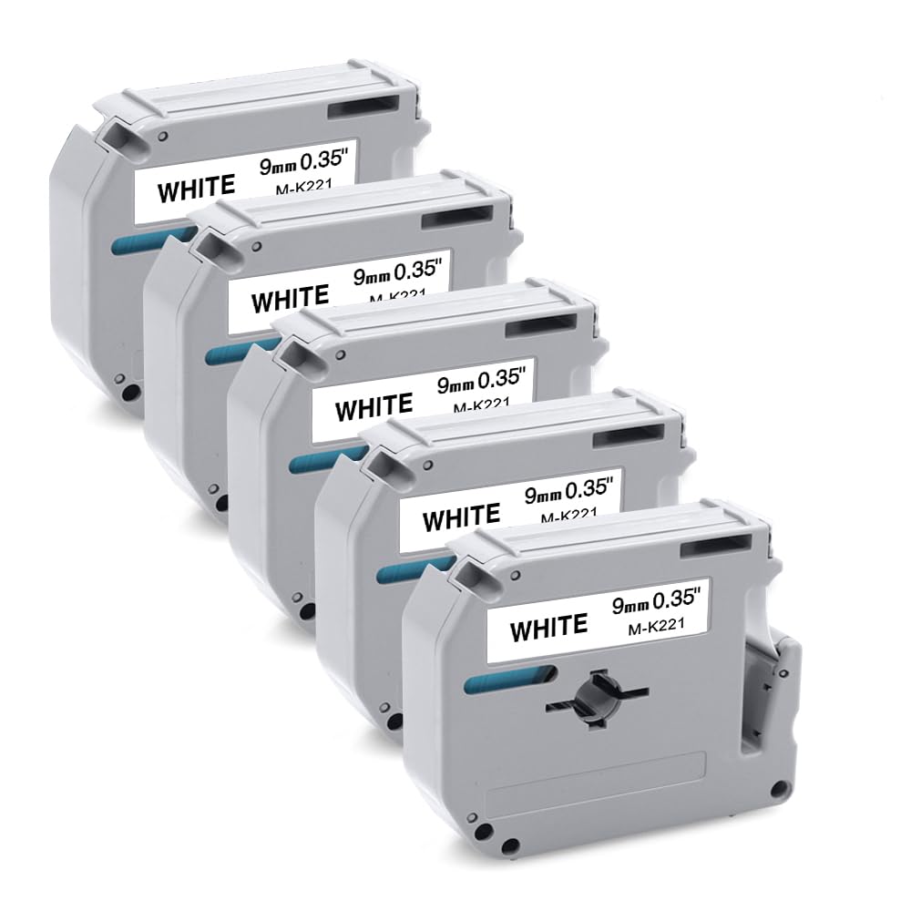 5 x COLORWING MK-221bz 9mm x 8m Replacement for Brother M Tape M-K221 MK-221 Black on White Cassettes 0.35inch for Brother P-Touch PT-90 PT-M95 PT-80 PT-100 PT-110 PT-65 PT-70 PT-85