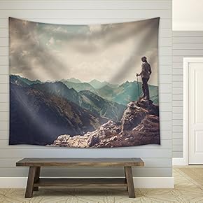 Woman Hiker on a Top of a Mountain - Fabric Wall Tapestry Home Decor - 51x60 inches