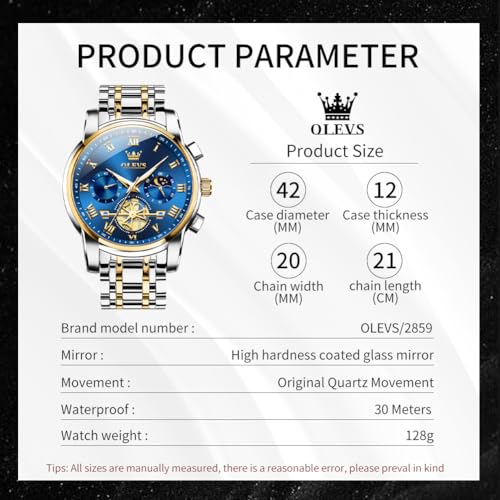 OLEVS Watches Men Waterproof Luxury Big Face Mens Watch Stainless Steel Quartz Analog Dress Watches for Men Luminous Multifunction Man Watch Relojes De Hombre
