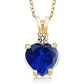 Gem Stone King 2.37 Ct Heart Shape Blue Created Sapphire White Diamond 14K Yellow Gold Pendant