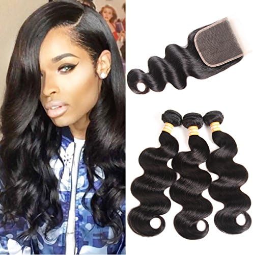 VTAOZI Hair Brazilian Body Wave With Closure Natural Color 100% Unprocessed Brazilian Virgin Hair With Closure 3 Bundles Human Hair Weave With Lace Closure Free Part (12 14 16 &amp; 10 Free Part)