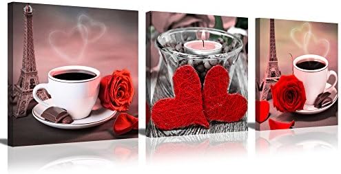 ModeArt 3 Panels Classic Coffee with Rose Set in Eiffel Tower and Heart Shape Candle Background for Lovers Coffee Time Canvas Prints (12"x12"x3pcs Framed) …