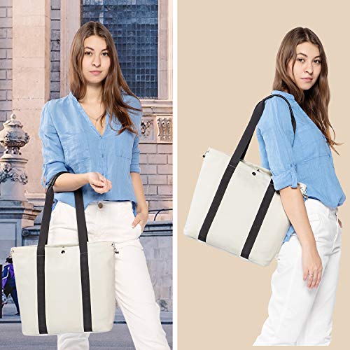 LOVEVOOK Canvas Shopper Damen Handtasche Schultertasche Umhängetasche Einkaufen Arbeiten Schule Reisetasche PU-Griff Schrumpfseil Henkeltasche Cremeweiß