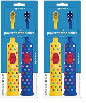 Amazon Basics Kids Electric Toothbrush, Battery Powered, Soft Bristles, Oscillating Brush Head, Ages 4+, 2 Count, 2-Pack (Previously Solimo)