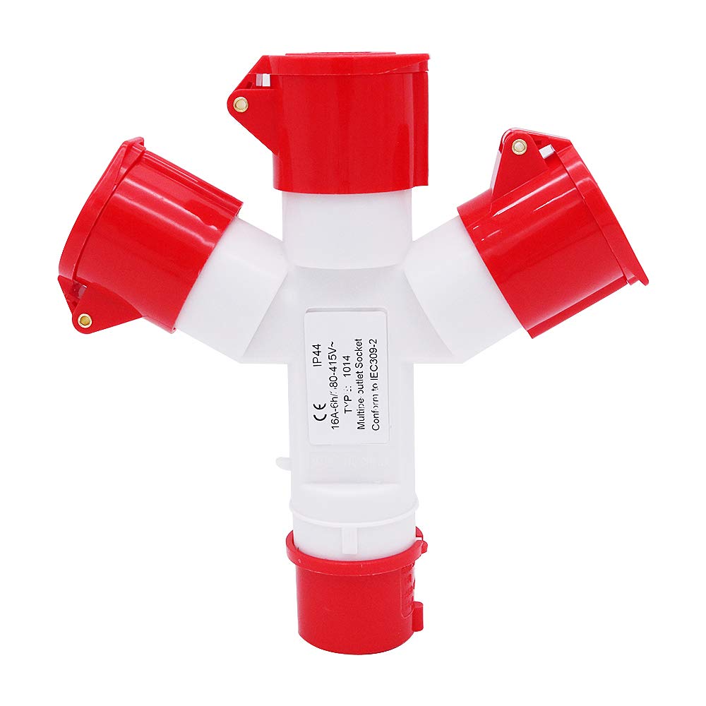 POFET Multifunctional Industrial Socket 16 Amp 4P IP44 380V 3 Way Mains Hookup Splitter-Red