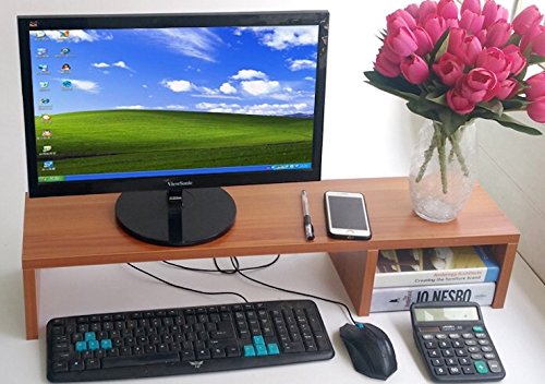 31.5 Inch Very Large Computer Monitor Riser Or Laptop Stand. It Is A Long Sturdy Dual Double Or Multi Desktop Monitor Screen Riser (Brown Color, Height: 5.9")