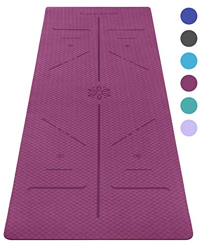 Ewedoos Eco Friendly Yoga Mat with Alignment Lines, TPE Yoga Mat Non Slip Textured Surfaces ¼-Inch Thick High Density Padding to Avoid Sore Knees, Perfect for Yoga, Pilates and Fitness (New Purple)
