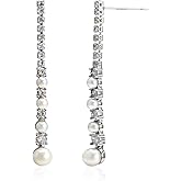 IDOKAWA Sterling Silver Thread Drop Earrings for Women Zirconia Freshwater Pearl Dangle Earrings, Minimalist Elegant Bridal Wedding Jewelry Gift
