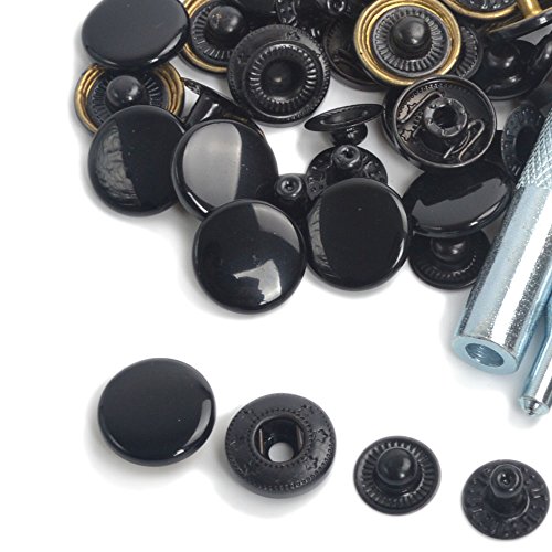 15 Sets 15mm Shinny Black Snap Fasteners Press Studs Kit Sewing Buttons Adding Secure Closure to Jackets, Jeans, Leather Craft ,Bags, Straps and Other Sewing Projects Clothes Repair