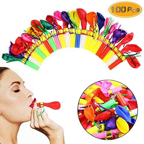 Neworkg 100pcs Multicolor Noisemakers Blowouts Party Horns with Balloons, Glitter Fringed Balloons Whistle, Party Whistles and Streamers, Bulk Toys, Birthday Party Favors, Party Accessory for Kids - Thumbnail 5