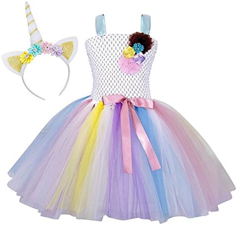 Rizoo Little Girls Rainbow Unicorn Outfits Summer Sleeveless Dresses with Headband Birthday Evening Tutu Dress