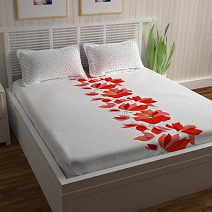 Divine Casa Magic 104 TC Cotton Double Bedsheet with 2 Pillow Covers - Modern, Red/Polka Floral