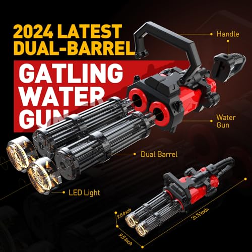 Skirfy Gatling Electric Water Gun for Adults & Kids, Dual-Barrel, Up to 49FT Most Powerful Automatic Squirt Gun with LED Water-Sensor, Large Water Tank & Battery,Outdoor Pool Toy