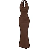 GORGLITTER Women's Halter Tie Maxi Dresses Elegant Classy Backless Cowl Neck Evening Gowns Formal Cocktail Ruched Dress