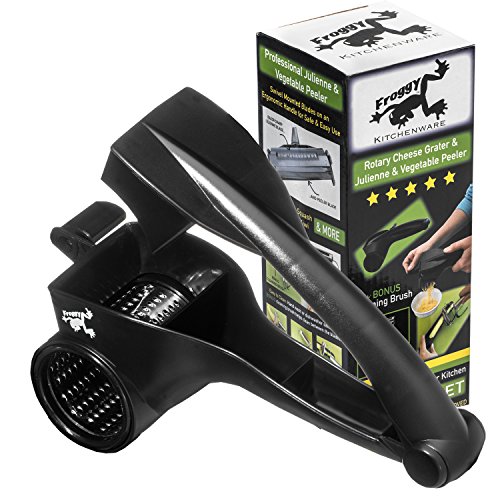 Professional Rotary Cheese Grater Shredder Multi Purpose and Bonus Stainless Steel Metal Dual Julienne & Vegetable Peeler with Cleaning Brush From Froggy Kitchenware Perfect Kitchen Bundle Professional Rotary Cheese Grater Shredder Multi Purpose and Bonus Stainless Steel Metal Dual Julienne & Vegetable Peeler with Cleaning Brush From Froggy Kitchenware Perfect Kitchen Bundle