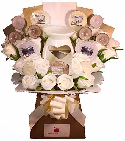 Yankee Candle Wax Melt & Tea Light Collection with Silk Ivory Roses & Porcelain Wax Melt Candle Burner