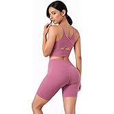 TULIP DE NOIR Women Buttery Soft 2-Piece Activewear Set-Criss Cross Mesh Sports Bra & High Waisted Biker Shorts with Pockets
