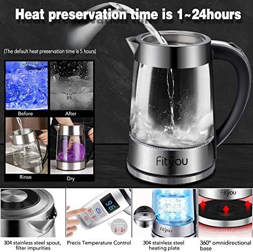 Fityou Bouilloire Électrique en Verre Thermostat Réglable(40-100℃) 1.8L, Bleue de Dispaly LED, Maintien au Chaud 24 H, Filtre Inox Amovible Inclus, Système de Protection Contre l'Ebullition à Sec - Cuisine A Vivre Fityou Bouilloire Électrique en Verre Thermostat Réglable(40-100℃) 1.8L, Bleue de Dispaly LED, Maintien au Chaud 24 H, Filtre Inox Amovible Inclus, Système de Protection Contre l'Ebullition à Sec