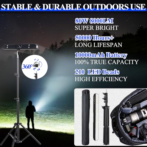 BOYKIM Camping Light, Portable Rechargeable Work Light with Detachable Tripod Stand,8000 Lumen Cordless Light Bar Flashlight for Outdoor Fishing Hiking Adventure Emergency