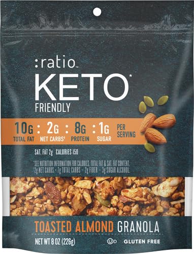 RATIO TRIO TOASTED ALMOND GRANOLA CEREAL, 1G SUGAR, KETO FRIENDLY, 8 OZ RESEALABLE BAG