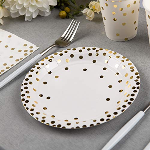 200PCS Gold Dot Disposable Paper Plates,Cups and Napkins, Tableware Sets Include 50 Dinner Plates, 50 Dessert Plates, 50 9 oz Paper Cups, 50 Luncheon Napkins, for Baby Shower Birthday Wedding Party