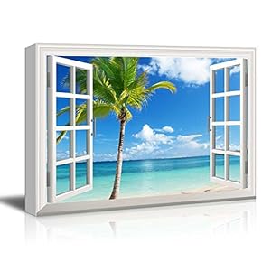 Canvas Print Wall Art - Window Frame Style Wall Art - Beautiful Scenery/Landscape Palm Tree on Tropical Beach | Giclee Print Gallery Wrap Modern Home Decor. Stretched & Ready to Hang - 24" x36"